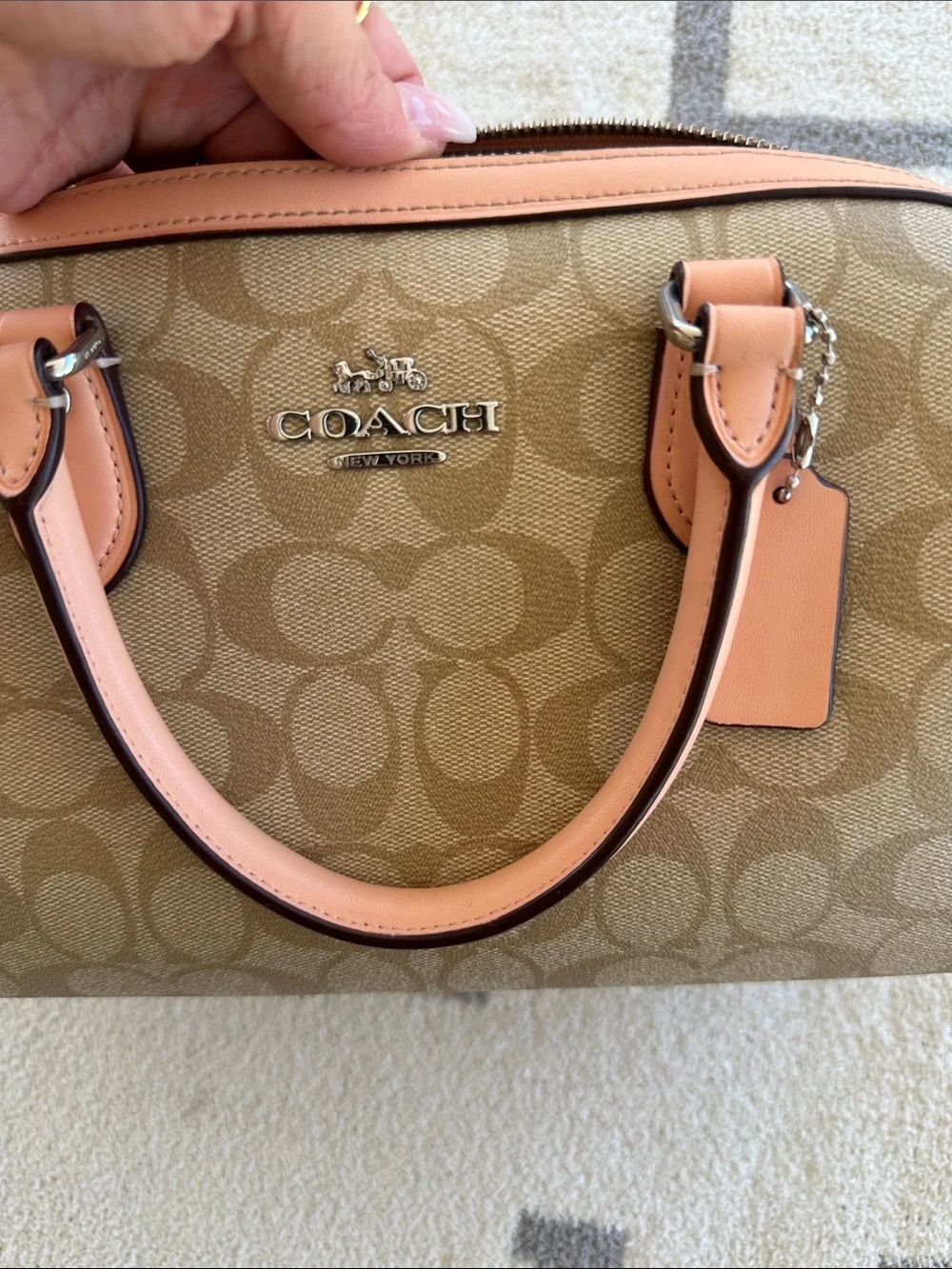 Coach Beige Monogram Satchel with Pink Trim